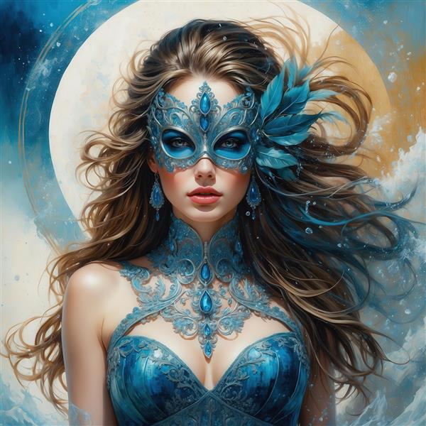 عکس بانوی مرموز با ماسک آبی توری و ماه طلایی برای تابلو دکوراتیو