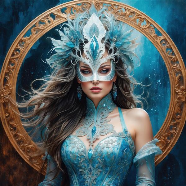 طرح زن فانتزی با موی قهوه‌ای و ماسک/تاج پردار برای چاپ پرده با زمینه تیره