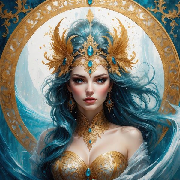 عکس ملکه فانتزی با موی آبی شینیون و تاج طلایی بزرگ برای تابلو لوکس