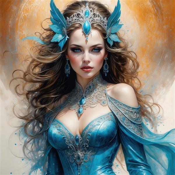 طرح بانوی فانتزی با موی قهوه‌ای و تاج پر آبی برای چاپ روتختی باکیفیت