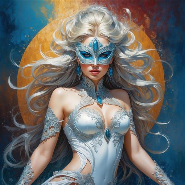تصویر الهه با موی نقره‌ای و لباس سفید و ماسک آبی برای پوستر اتاق خواب