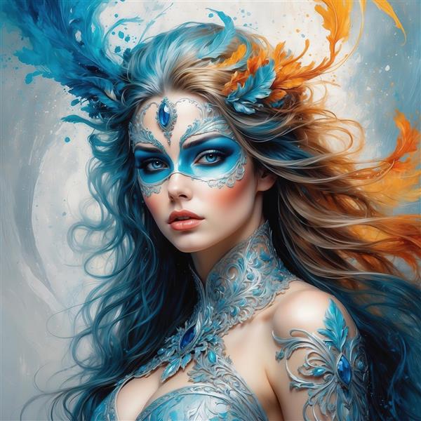 تصویر زن فانتزی با موهای قهوه‌ای و آبی