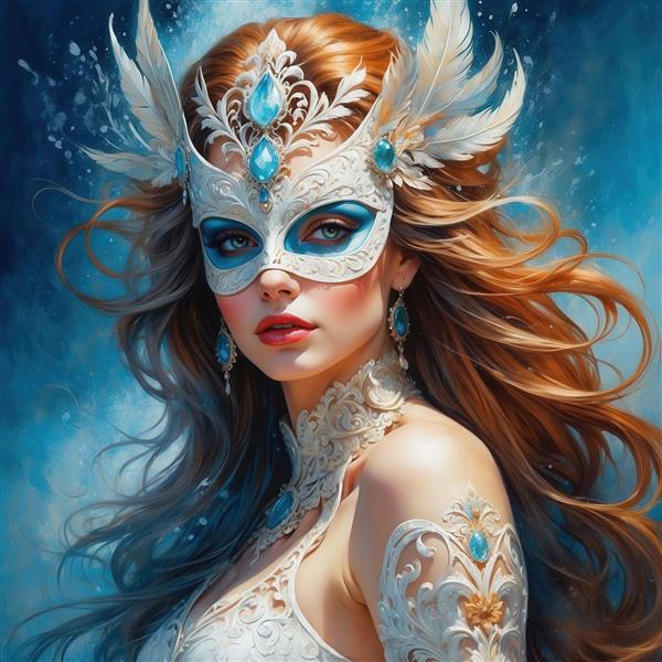 عکس زن با موهای آبی/نارنجی و ماسک/گوشواره فانتزی برای تابلو پذیرایی