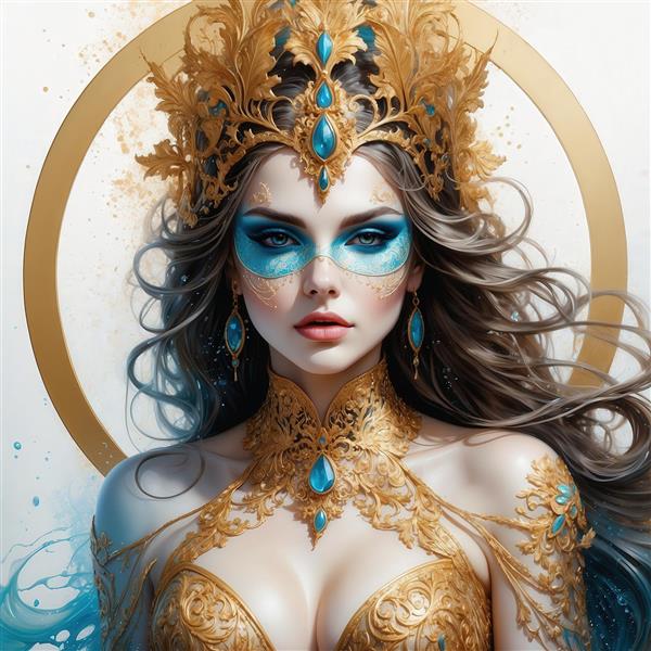 طرح زن فانتزی با موهای قرمز و ماسک پر سفید برای چاپ روی کوسن یا ماگ