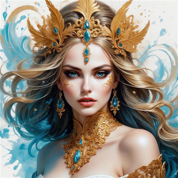 عکس ملکه فانتزی با لباس طلایی و موهای قهوه‌ای برای پوستر دکوراتیو