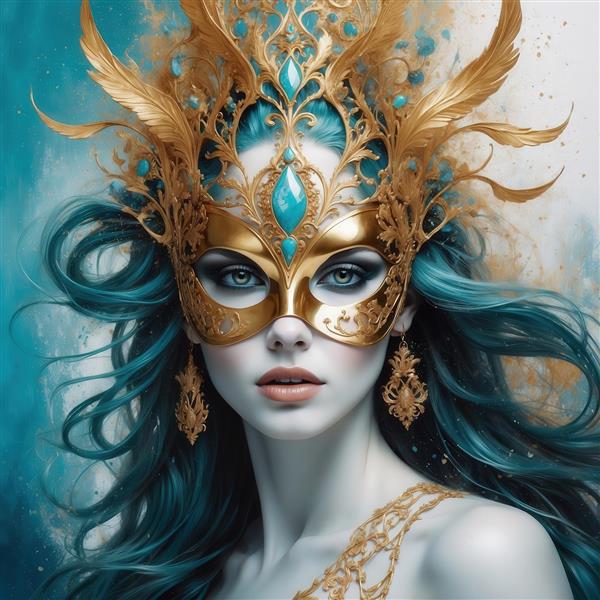 تصویر بانوی بلوند با موهای آبی انتهای و تاج طلایی بزرگ برای چاپ پرده