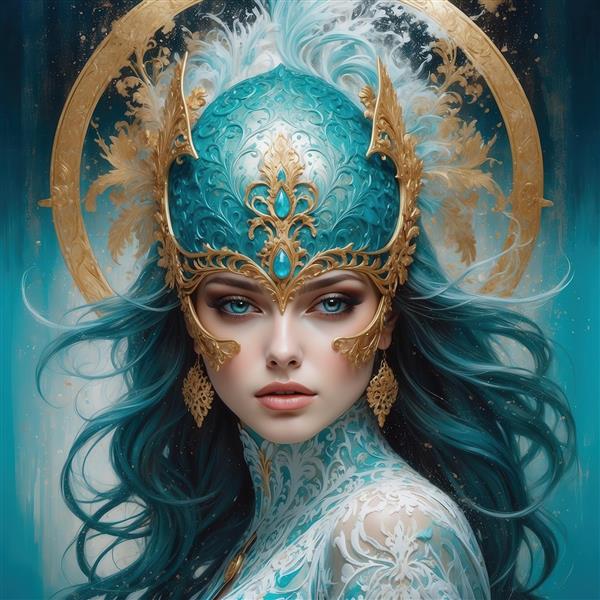 عکس زن با موی آبی و ماسک پرنده‌ای طلایی برای تابلو دکوراتیو لوکس