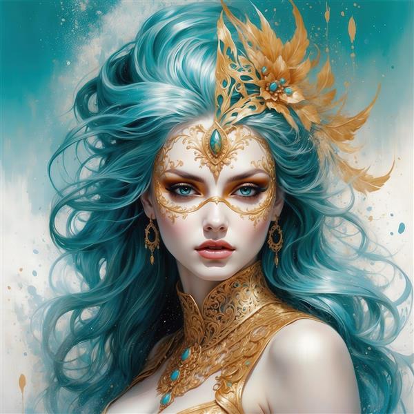 طرح بانوی فانتزی با موی بلند فیروزه‌ای و ماسک طلایی برای روتختی باکلاس