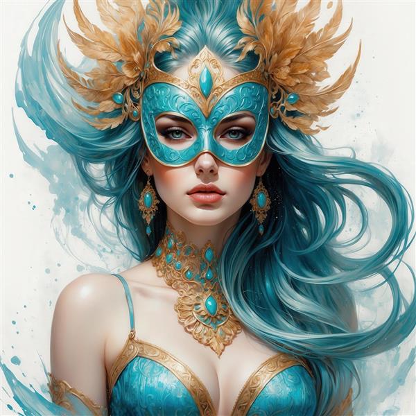 طرح زن فانتزی با موهای آبی بلند و ماسک پر طلایی برای پوستر اتاق نوجوان