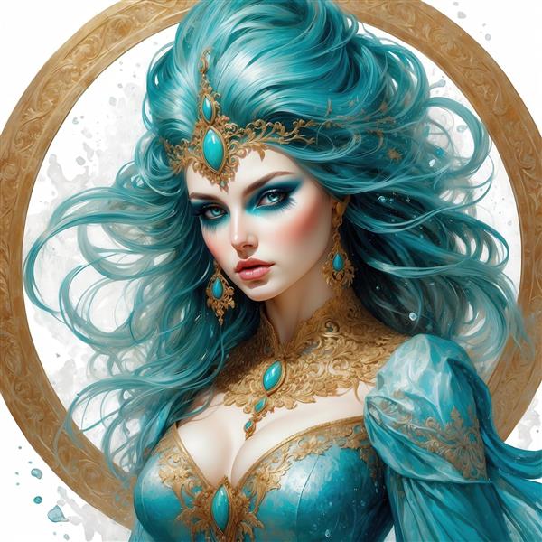عکس ملکه آبی با تاج سنگی فیروزه‌ای و لباس سلطنتی برای چاپ