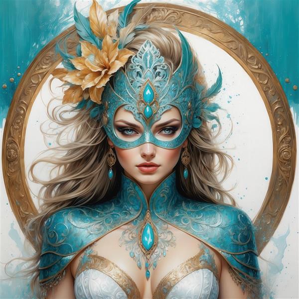 تصویر بانوی بلوند با ماسک فیروزه‌ای و گل طلایی برای تابلو دکوراتیو لوکس