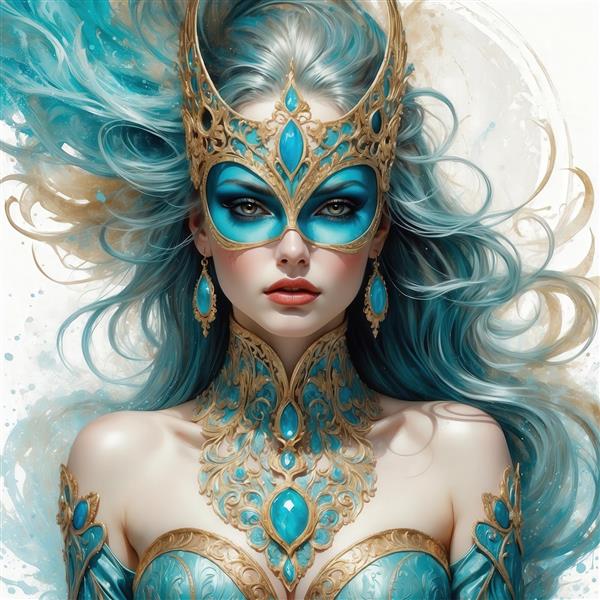 عکس ملکه فانتزی آبی با ماسک بالدار و جواهرات طلایی برای پوستر اتاق خواب