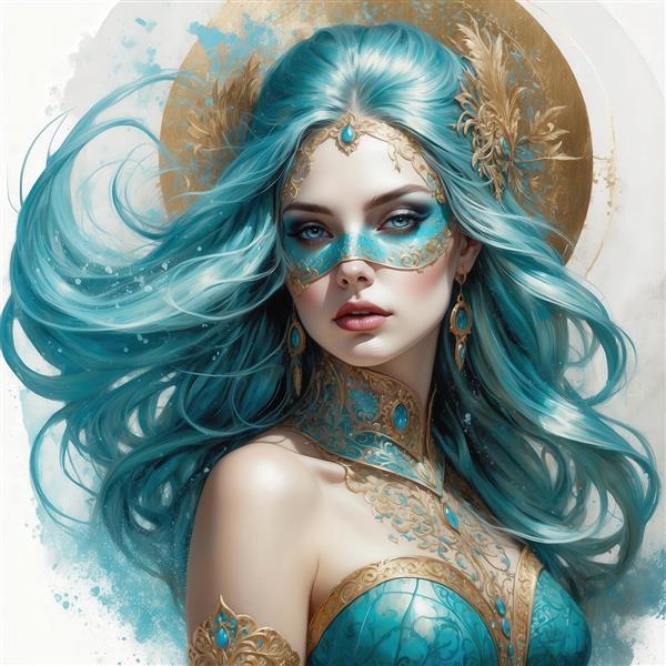طرح بانوی فانتزی با موی آبی جمع‌شده و ماسک ظریف برای تابلو دکوراتیو