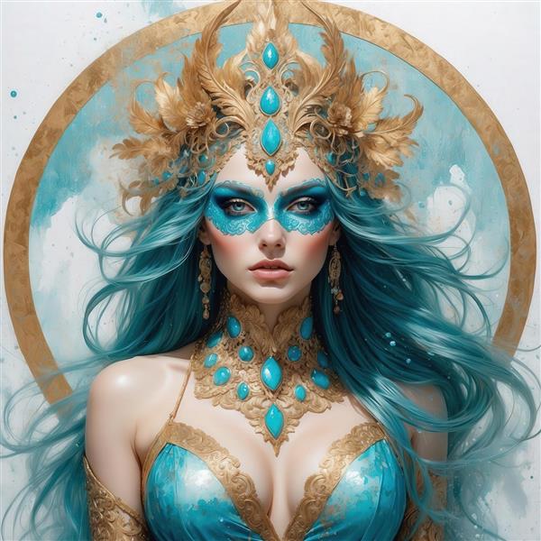 تصویر الهه آبی مو بلند با تاج و گردنبند طلایی و ماسک برای چاپ روتختی