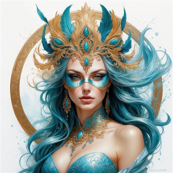 عکس شاهزاده فانتزی آبی و طلایی با ماسک و تاج پر برای پوستر دیواری