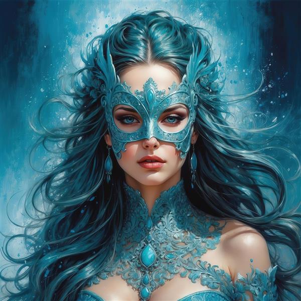 طرح زن مرموز با ماسک آبی توری و موهای تیره فیروزه‌ای برای چاپ پرده