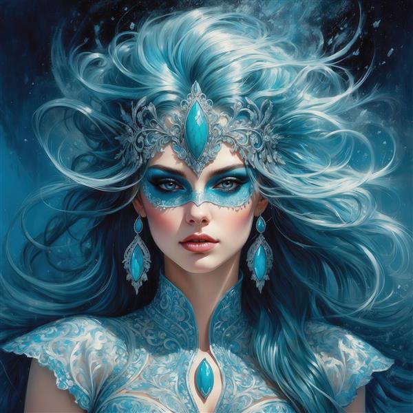 عکس الهه آبی یخی با تاج نقره‌ای و موهای مواج برای پوستر دیواری