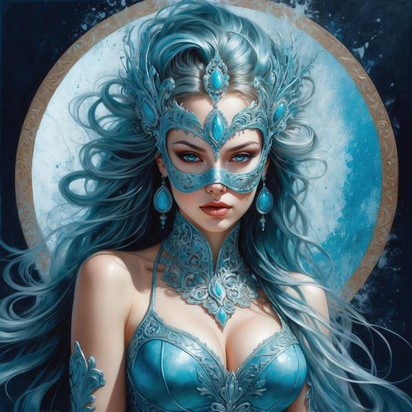 طرح زن با ماسک و تاج آبی در برابر ماه برای چاپ روی روتختی