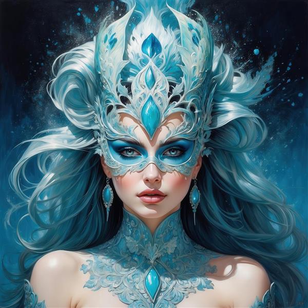 تصویر زن فانتزی با ماسک و تاج آبی بزرگ برای چاپ روی پرده