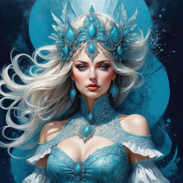طرح ملکه برفی با تاج آبی و موهای سفید برای پوستر چاپی دکوراسیون
