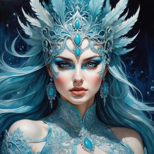عکس زن با تاج پردار آبی و موهای روشن برای تابلو دیواری باکیفیت