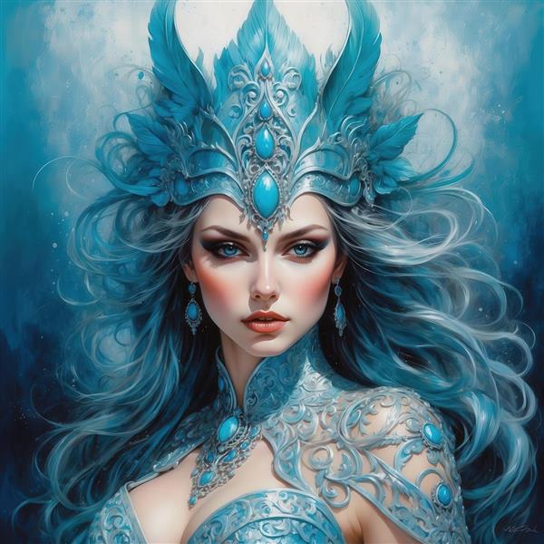 طرح زن فانتزی با تاج پردار و لباس آبی برای چاپ روی روتختی