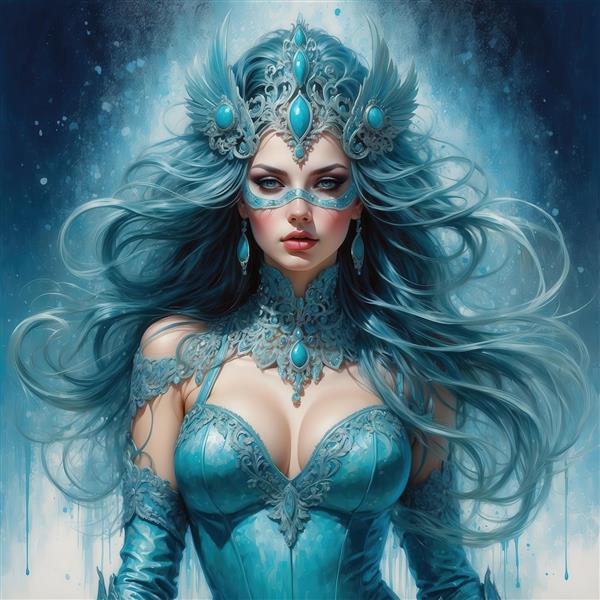 عکس ملکه یخی فانتزی با تاج و لباس آبی برای تابلوی دکوراتیو