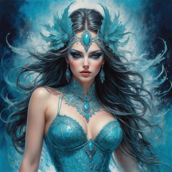 تصویر زن فانتزی با تاج پردار آبی و موهای تیره برای پوستر دیواری