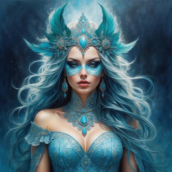 طرح الهه فانتزی با ماسک آبی و شاخ برای چاپ روی پرده اتاق خواب