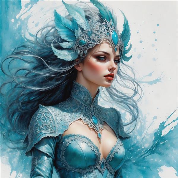 عکس ملکه یخی فانتزی با تاج پردار آبی برای تابلو دیواری باکیفیت