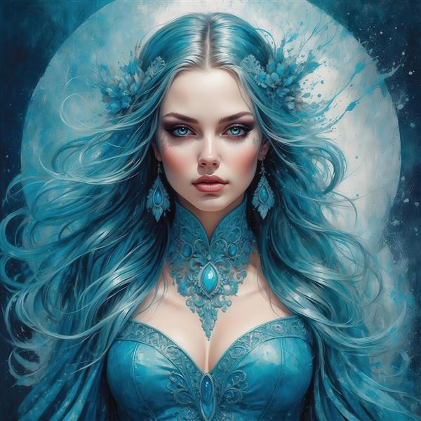 تصویر زن فانتزی با موهای آبی و لباس آبی در برابر ماه دکوراتیو