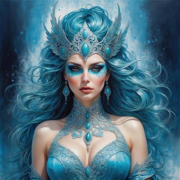 تصویر ملکه برفی فانتزی با تاج نقره‌ای و موهای آبی برای پوستر دیواری