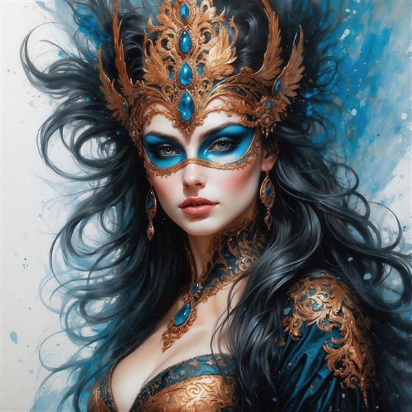 طرح زن با ماسک طلایی و آرایش آبی برای تابلوی دکوراتیو باکیفیت