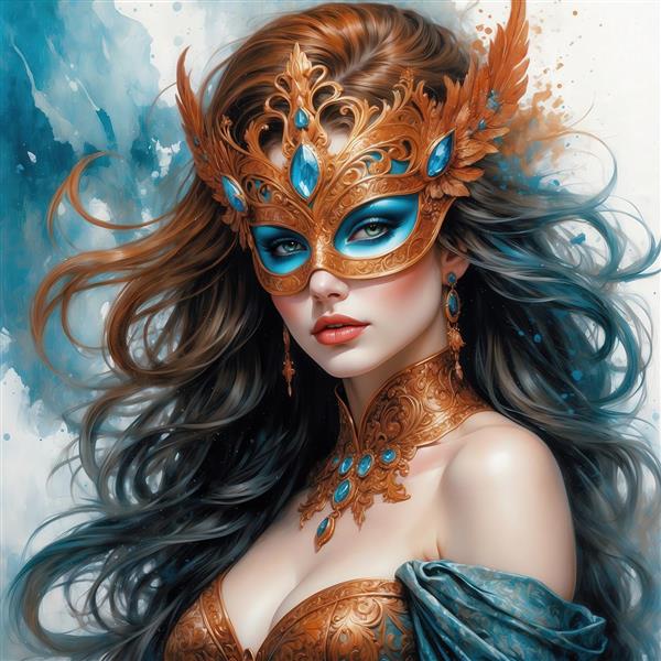 عکس زن فانتزی با ماسک طلایی و موهای قهوه‌ای برای چاپ روی پرده