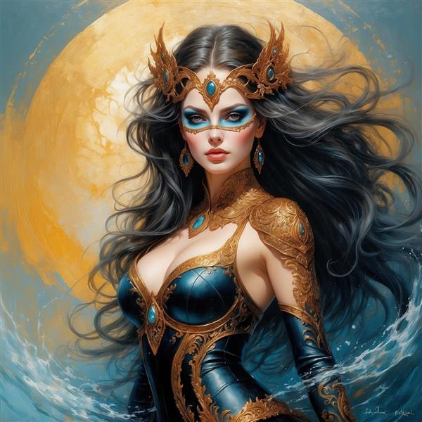 طرح زن سلطنتی با تاج طلایی و لباس آبی دکوراتیو برای تابلو دیواری