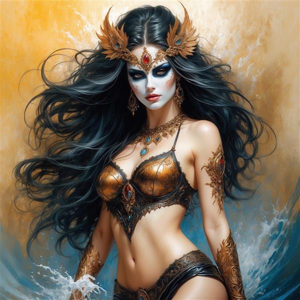 عکس زن جنگجوی فانتزی با لباس برنزی و طلایی برای پوستر چاپی