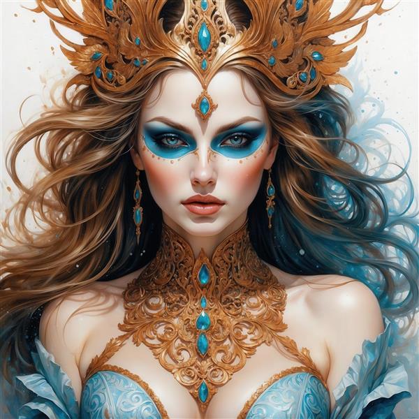 تصویر الهه فانتزی با تاج بزرگ طلایی و آرایش آبی برای روتختی