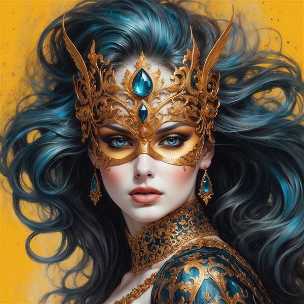 طرح زن فانتزی با ماسک طلایی و موهای آبی برای چاپ روی ماگ و کوسن