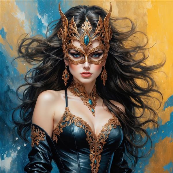 عکس زن با ماسک طلایی روی زمینه آبستره آبی و زرد دکوراتیو