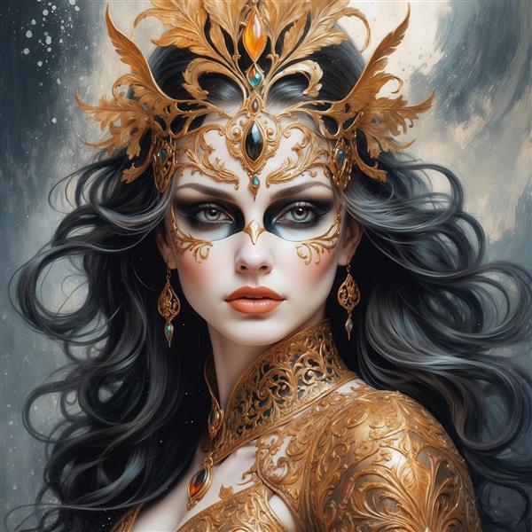 طرح زن فانتزی با ماسک طلایی برای تابلو دیواری باکیفیت دکوراسیون