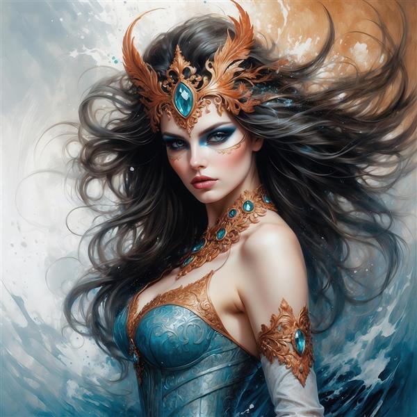 تصویر ملکه آبی و طلایی با شکوه فانتزی برای پوستر چاپی باکیفیت