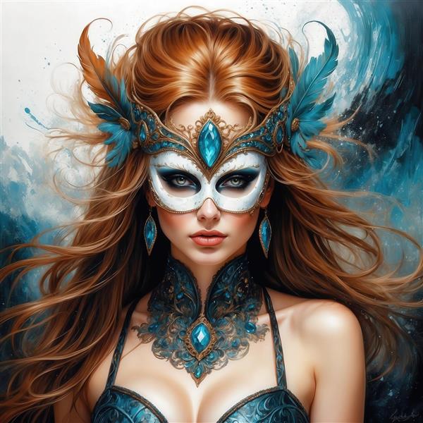 طرح زن فانتزی با ماسک و پرهای آبی برای چاپ روی پرده و روتختی