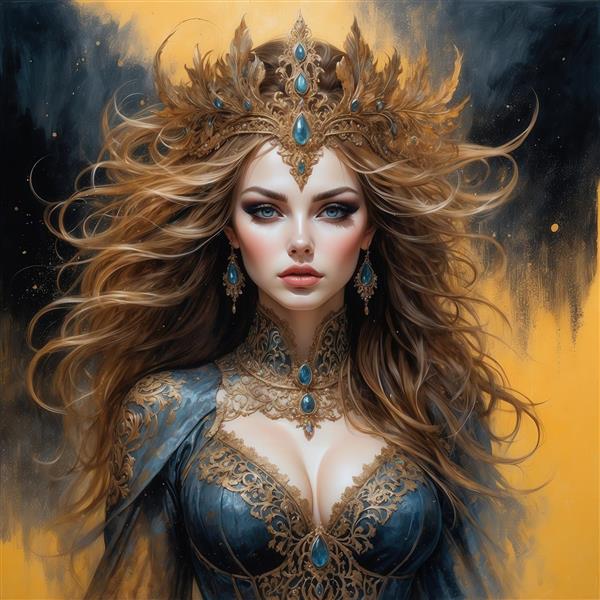 عکس زن سلطنتی با تاج طلایی و موهای روشن برای تابلوی دکوراتیو