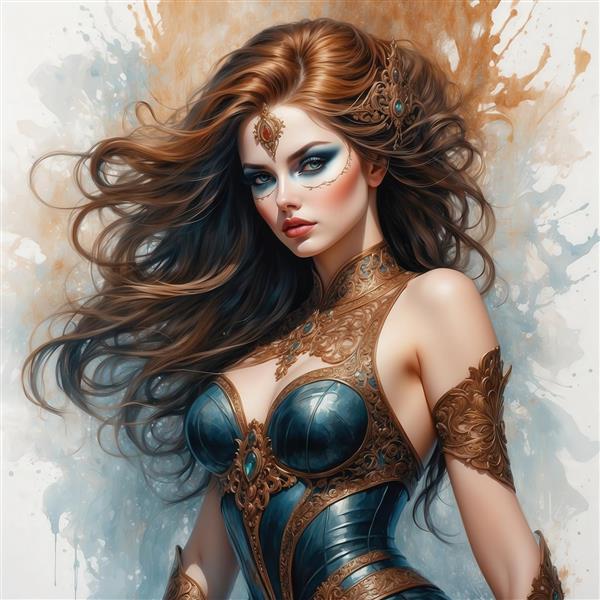 تصویر زن جنگجوی فانتزی با لباس برنزی و موهای شرابی برای چاپ روی کوسن