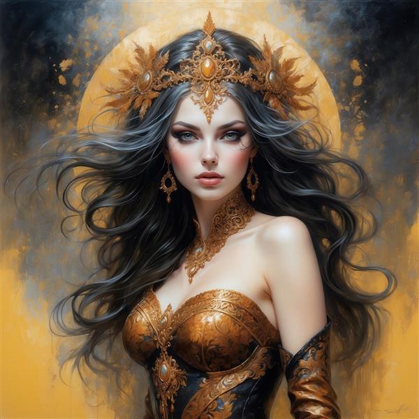 طرح زن فانتزی با تاج طلایی و موهای تیره برای پوستر دیواری باکیفیت