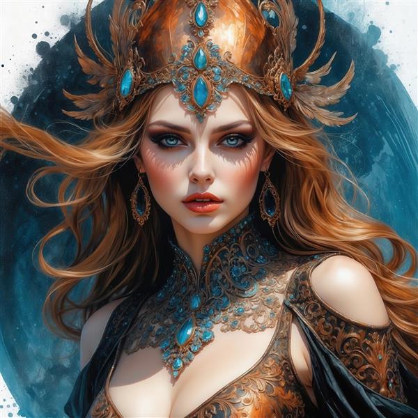 طرح زن مو سیاه با تاج و لباس طلایی فانتزی برای تابلو دکوراتیو