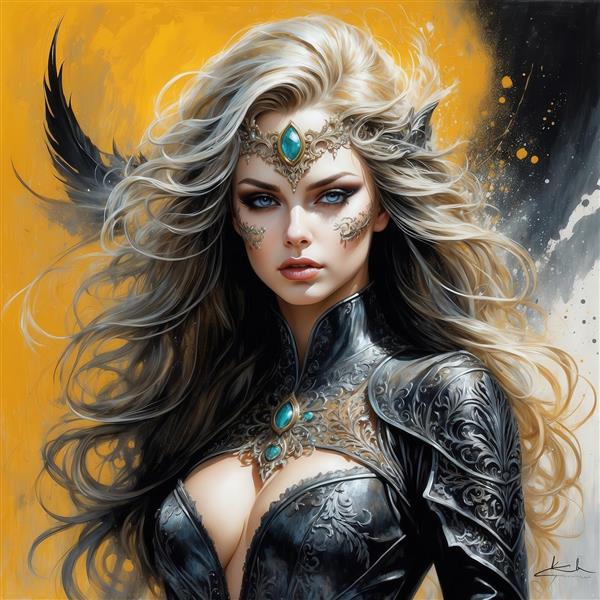 تصویر زن مو بلوند با تاج فیروزه‌ای و لباس مشکی برای چاپ روی کوسن