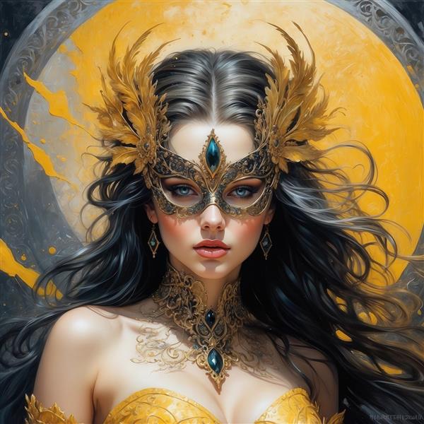 عکس زن مو مشکی با ماسک طلایی و پر فانتزی برای پوستر اتاق خواب