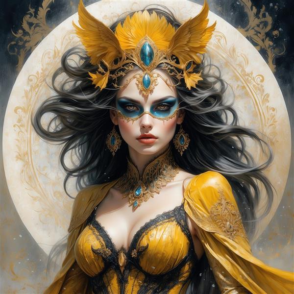 طرح زن مو سیاه با ماسک و تاج طلایی فیروزه‌ای برای چاپ روی پرده