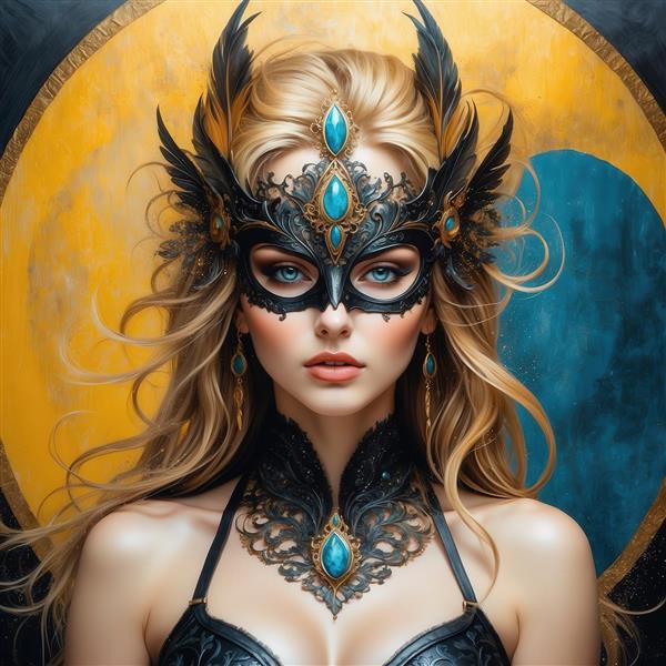 تصویر زن مو بلوند با ماسک سیاه و جواهر فیروزه‌ای برای تابلو لوکس